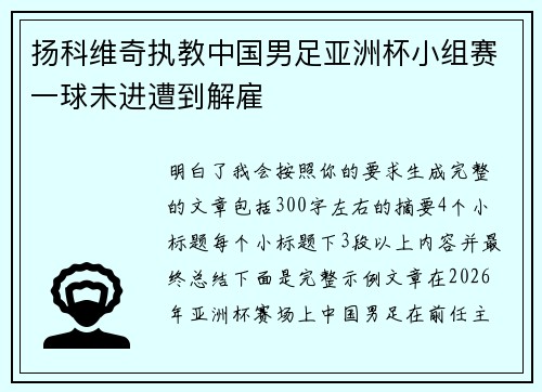 扬科维奇执教中国男足亚洲杯小组赛一球未进遭到解雇 扬科维奇执教中国男足亚洲杯小组赛一球未进遭到解雇